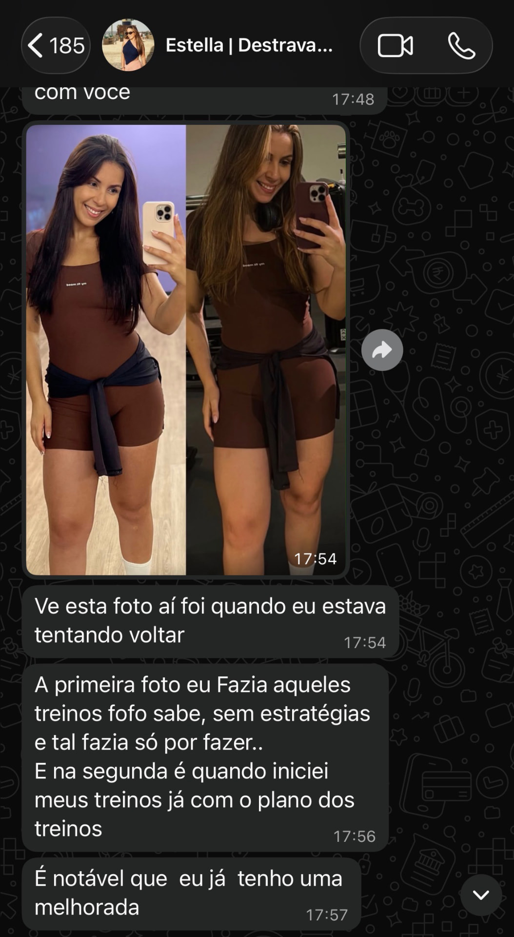 Mensagem de aluna compartilhando sua evolução corporal